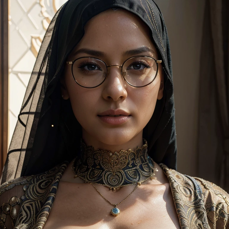 1 , masterpiece,  porn movie , hijab, glasses,  Big breasts ,  detailed and beautiful eyes ,  beautiful and detailed lips ,   extremely detailed face , elegant, funny pose, delicate features, intricate patterns on the hijab,  Cinematic lighting ,  shades of warm colors , photorealistic, ( best quality ,4K,8k, highres icon,masterpiece:1.2), ,(realistic,photorealistic,photo-realistic:1.37)