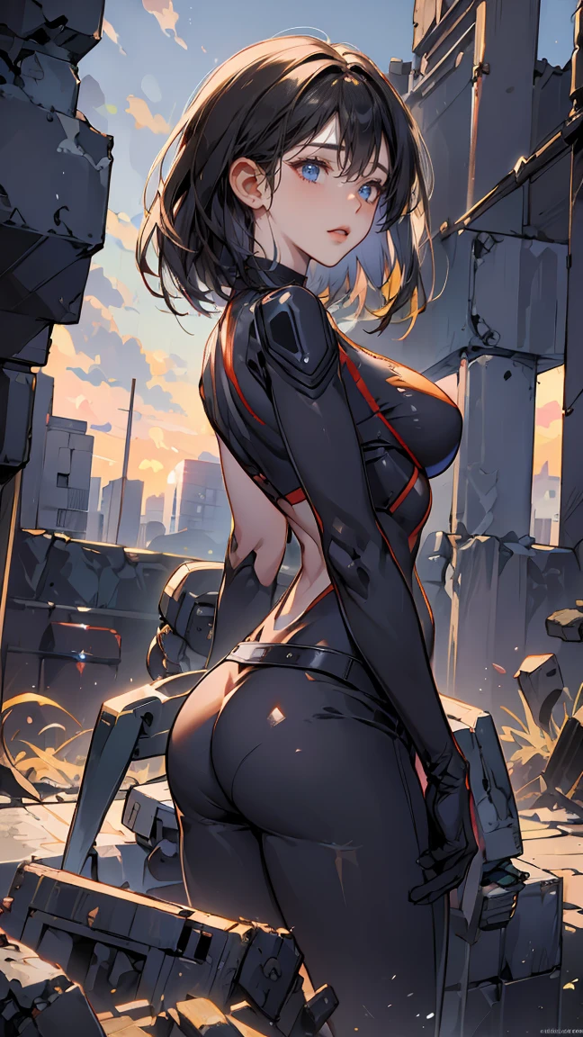 Top quality, Absurd, very precise details, highly detailed 8K wallpaper, (transcendent beautiful girl: 1.5), ponytail, from back to shoulder, from side, side focus, (exoskeleton leotard and machine-made miniskirt), (five fingers, 4fingers and 1thumb), (mechanical joints, mechanical limbs: 1.3), headgear, hand_on_hip, expressionless, (detailed beautiful eyes), (beautiful bare back), (zettai_ryouiki), (dark_skin), dynamic angle, (looking back: 1.5), wind blowing, bio punk, Fantasy,