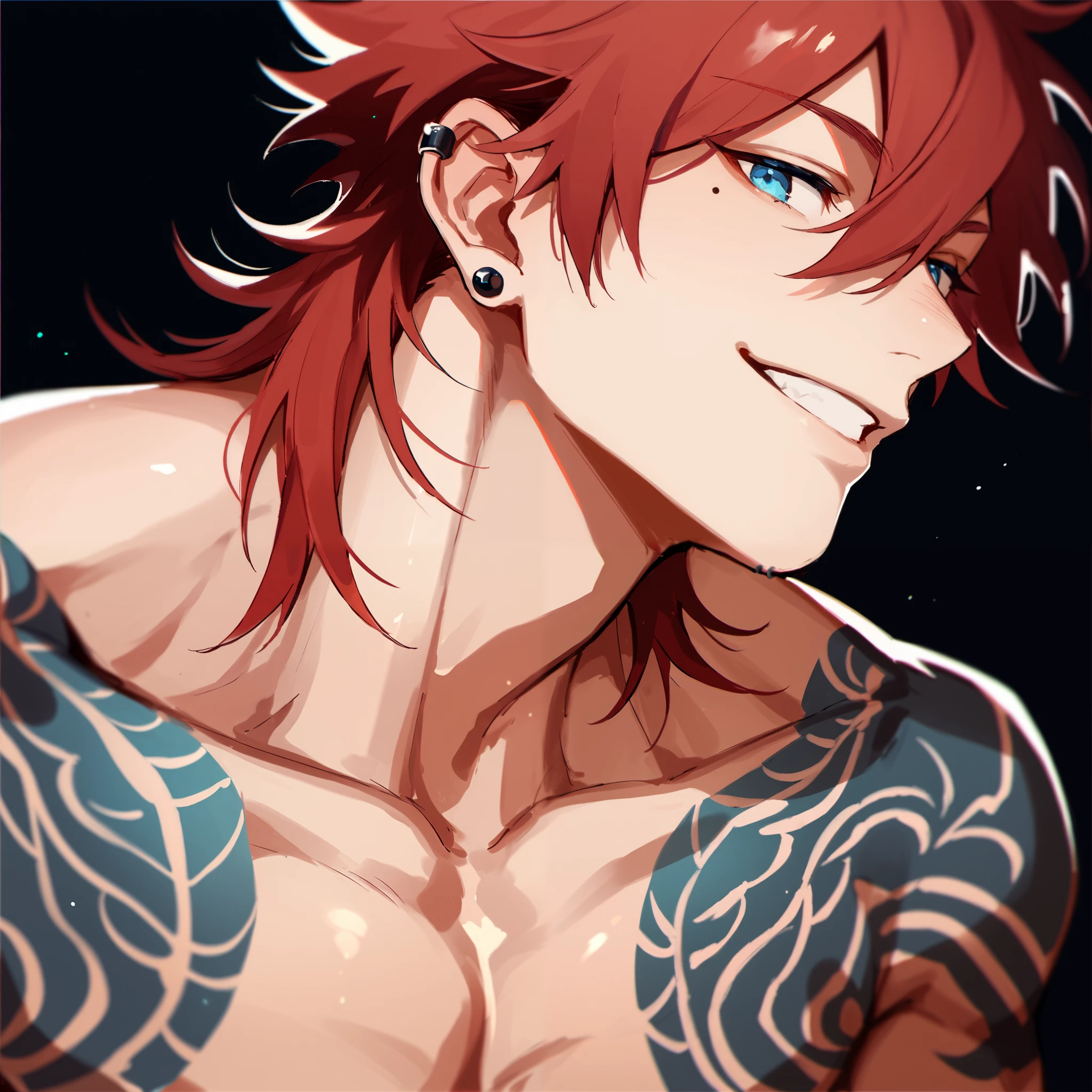 muscular , tattooed, piercings, messy mullet hair, red hair, blue eyes, smiling, dark background, face and bust focus