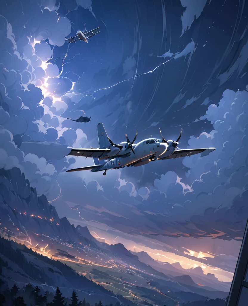 (Masterpiece), best quality, 8k, highres, ultra-detailed, studio lighting, vibrant colors, dimly lit room, Grumman E-2 Hawkeye, plane, rotary wing, masterpiece, anime style, thunderstorm, moonlight, stars, radar plane, huge radar, solo plane focused