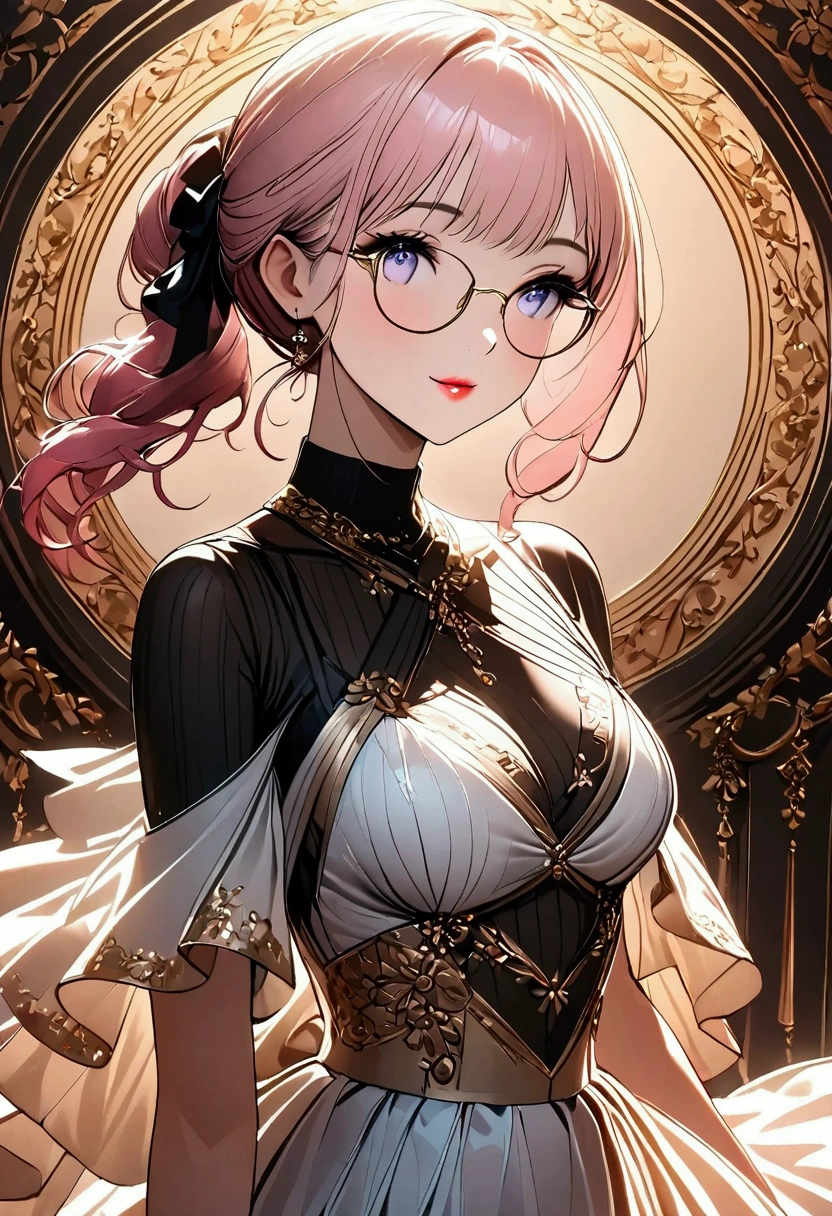 A portrait of a graceful young woman with long, flowing pink hair tied in an elegant ponytail with a navy ribbon. She wears a form-fitting black turtleneck top that accentuates her silhouette and a high-waisted, ivory pencil skirt with decorative gold buttons. Her gentle yet confident expression is enhanced by her round glasses with thin frames, giving her an intellectual charm. The background features a soft floral design with blooming pastel roses and green leaves, framed with intricate golden patterns. The lighting is soft and warm, emphasizing her smooth skin and delicate features, while casting subtle shadows to add depth. The overall composition radiates elegance, sophistication, and a serene atmosphere, with a balance between modern and vintage styles.