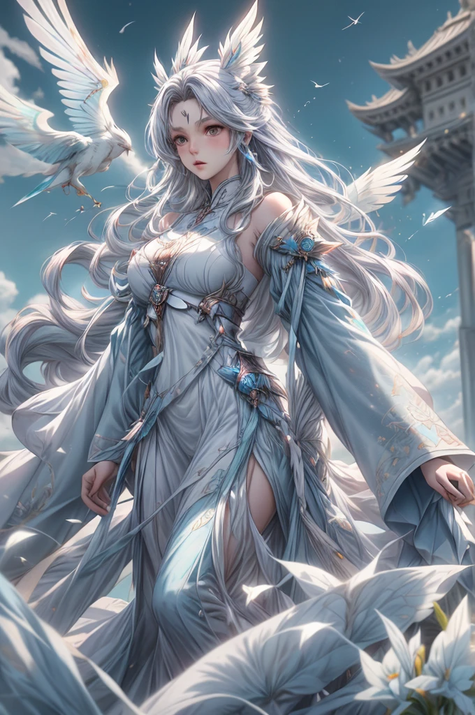 4K anime-inspired quality, pixel art style, a graceful female Sky Voyager with light blue skin, white flowing hair, and wearing a elytra winged armor, standing on a high cliff with clouds and birds around her, holding a trident, free-spirited pose with feather particles