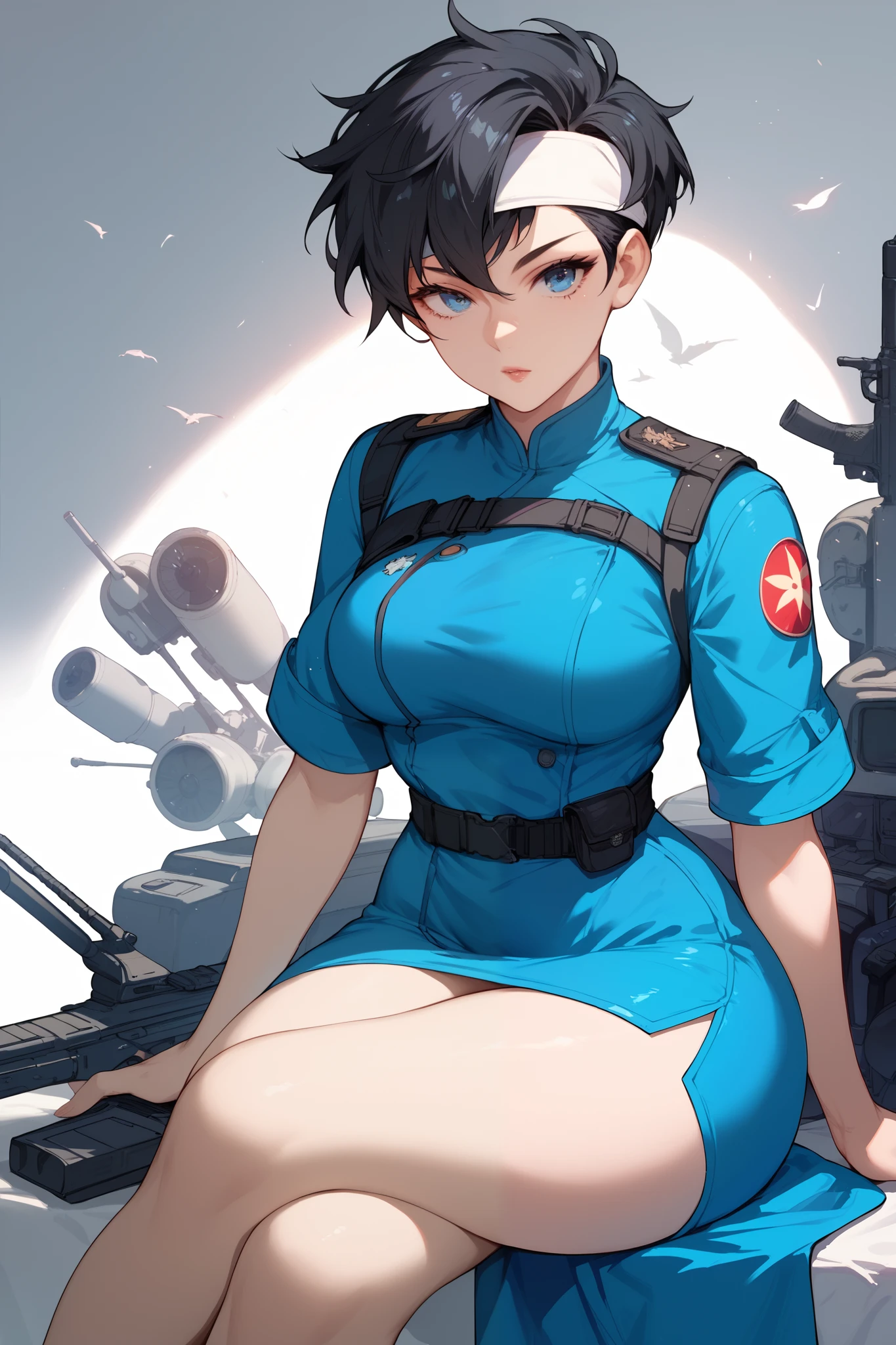 1woman, blue eyes, short black pixie style hair, white headband,Black hair,Anime style,Blue dress , sitting ,curvy body,zoom on the face,Combat clothing,