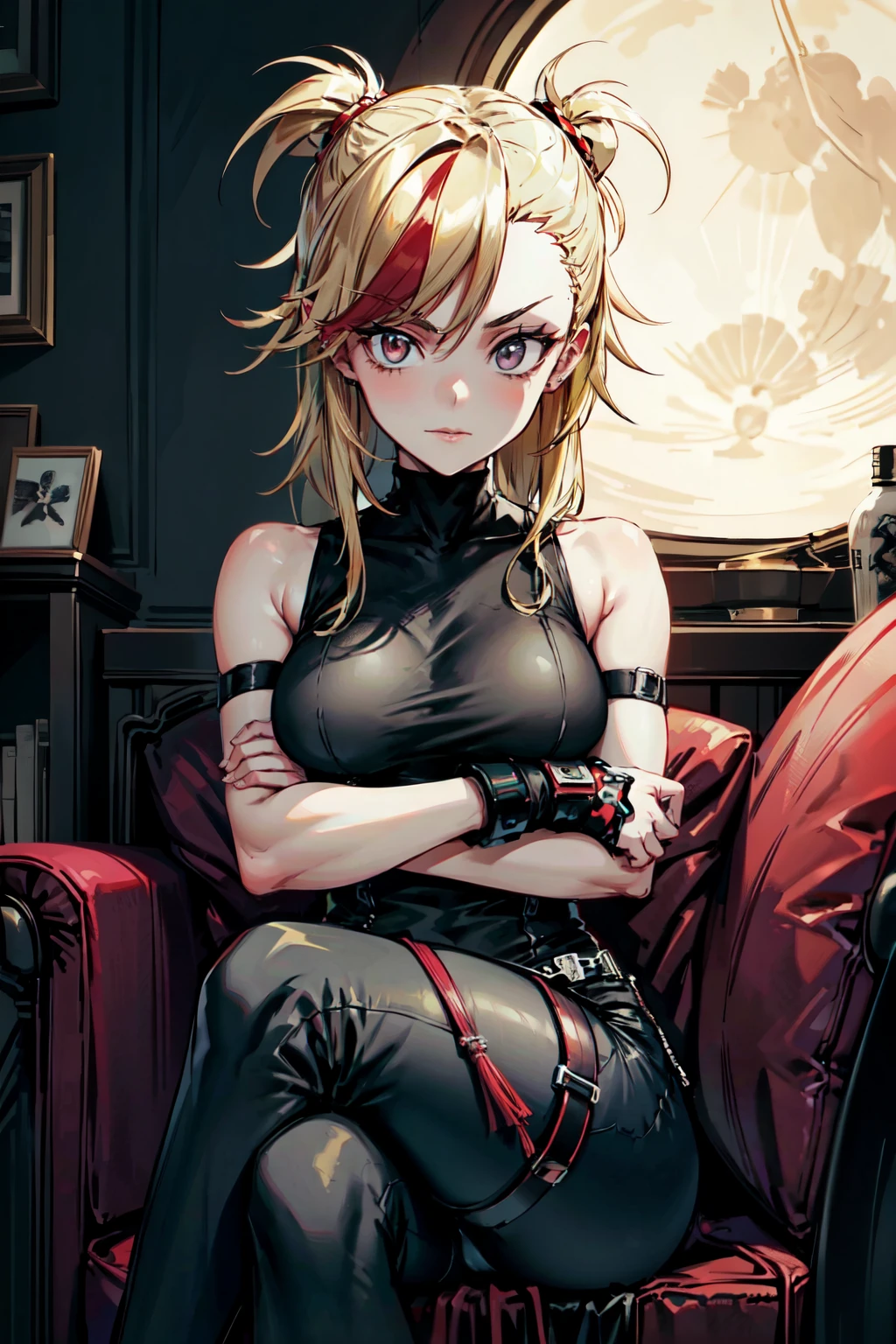 (masterpiece, best quality:1.2), red glowing eyes, red eyes, the eyes are red, perfect face, , strong make up, highres, 1 girl, solo, ultra long ponytail, (female:1.5), strife, blonde hair, shoulder armor, sleeveless turtleneck, suspenders, belt, gloves, bracer pre potent smile, crossing legs, crossing arms , evil smile, evil pose, sitting, portrait, looking at viewer,  Her hair is streaked with lots red and blonde highlights, tribal tattoo on the shoulder