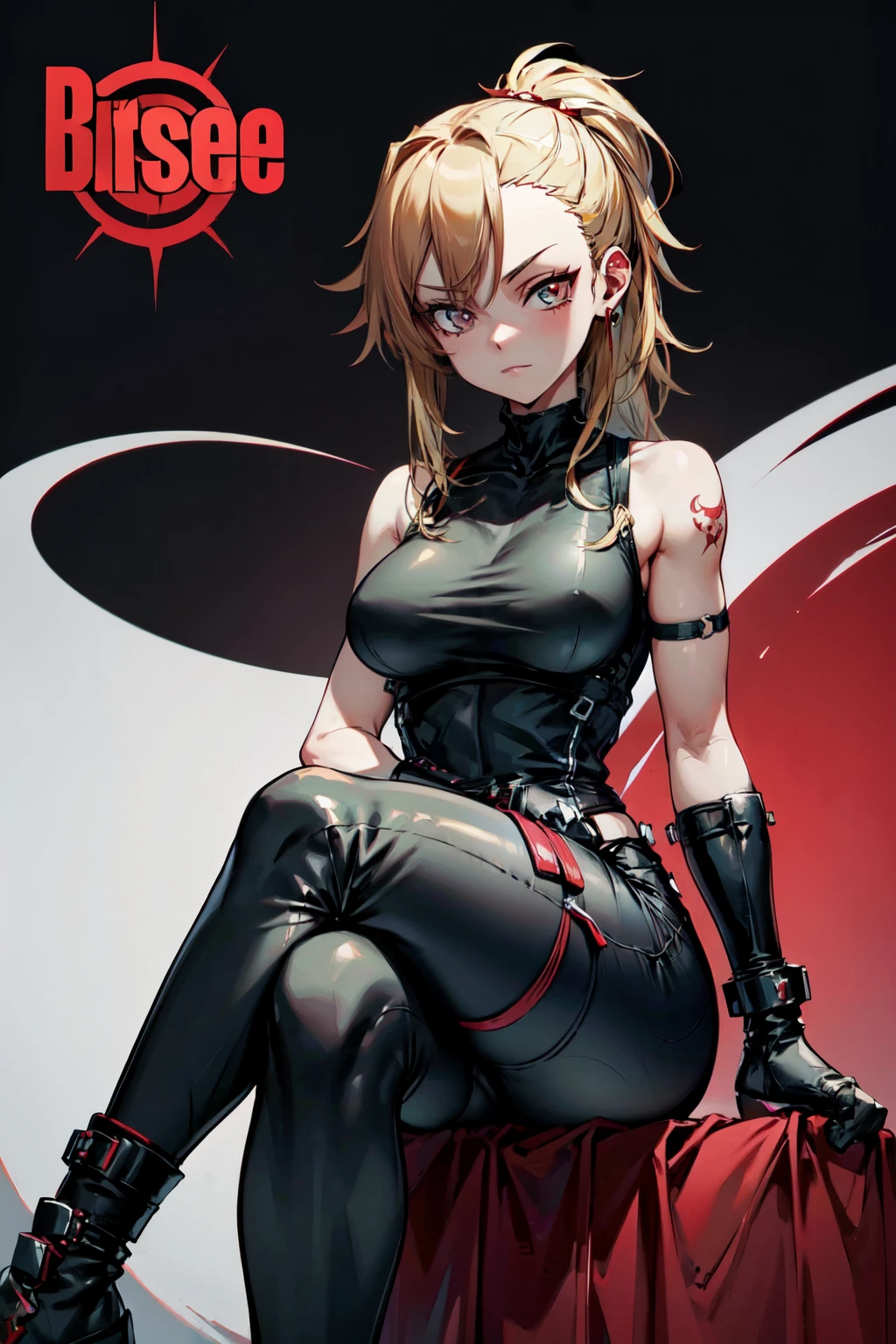 (masterpiece, best quality:1.2), red glowing eyes, red eyes, the eyes are red, perfect face, , strong make up, highres, 1 girl, solo, ultra long ponytail, (female:1.5), strife, blonde hair, shoulder armor, sleeveless turtleneck, suspenders, belt, gloves, bracer, evil smile, evil pose, sitting, portrait, looking at viewer,