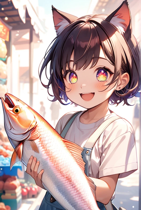 Cat ears, cat tail, Cat girl, holding a big fish in both hands, sparkling eyes, big smile,A vibrant market