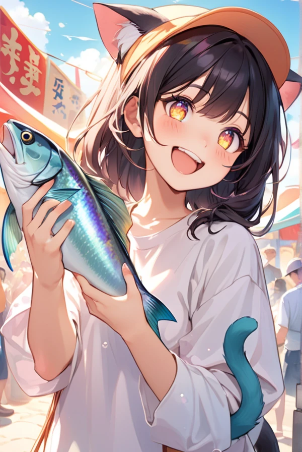 Cat ears, cat tail, Cat girl, holding a big fish in both hands, sparkling eyes, big smile,A vibrant market