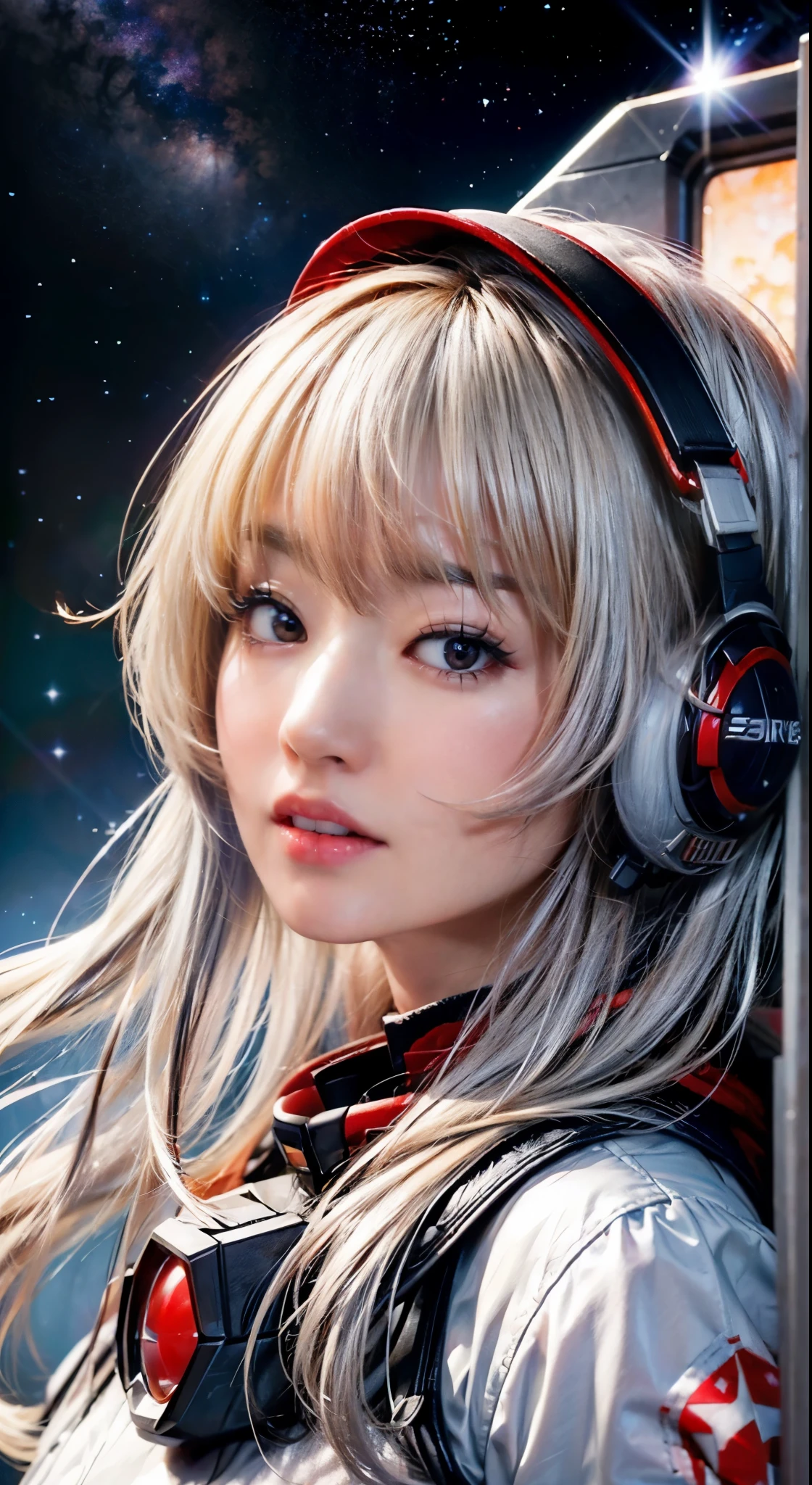 Beautiful photorealistic、hight resolution、Perfect litthing、((Look at viewers))、red-lips、White eyes、Silvery hair、cosmic space、weightless、Space Battleship、boredom