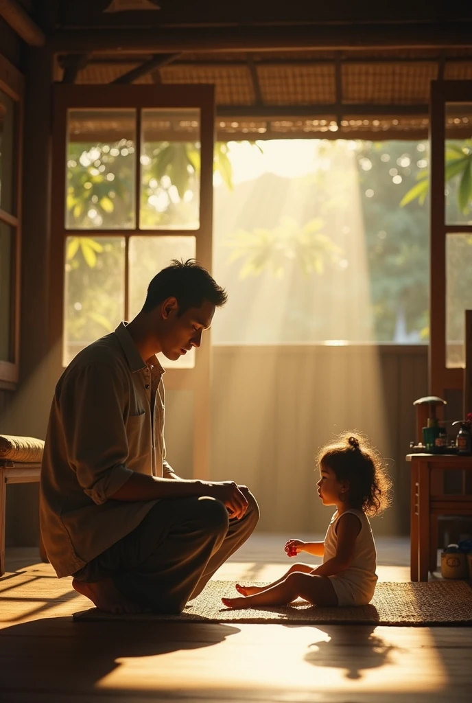 (Photorealism 1.2) high detailed definition cinematic cinematography Malay father 40 years old and 2 years daughter sit at stairsfront of the old wood brown rusty house looking outside smile towards eachother morning mode malay Kampong background cats and chicken rooster wet floor