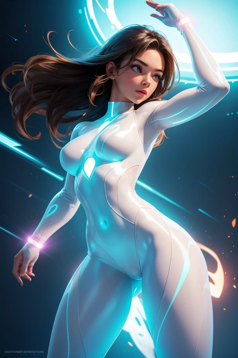 A beautiful woman with a perfect body, glowing translucent bodysuit, dynamic pose