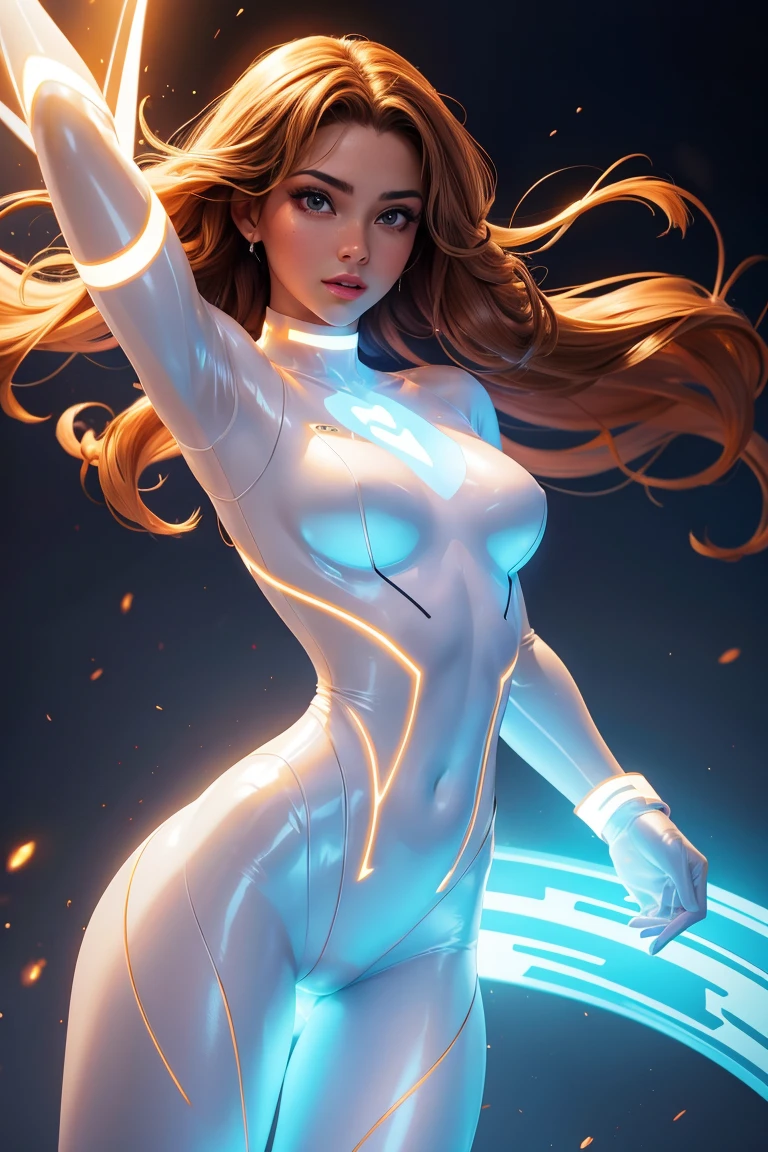 A beautiful woman with a perfect body, glowing translucent bodysuit, dynamic pose