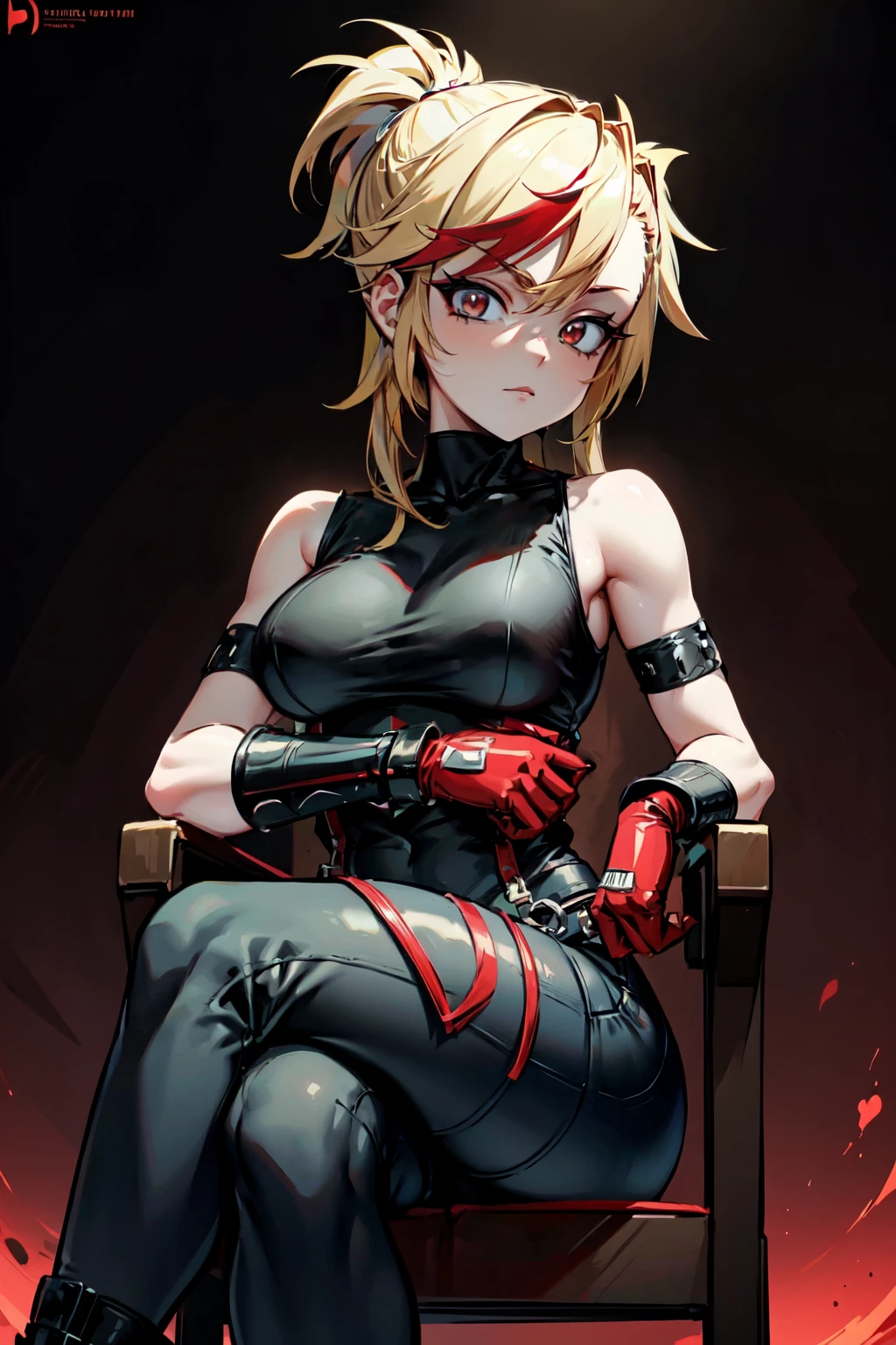 (masterpiece, best quality:1.2), red glowing eyes, red eyes, the eyes are red, perfect face, strong make up, highres, 1 girl, ultra long ponytail, (female:1.5), strife, blonde hair streaked with lots of red highlights, two colors hair (blond and red), hight flame mistress outfit, shoulder armor, sleeveless turtleneck, suspenders, belt, gloves, bracer pre potent smile, crossing legs, crossing arms , evil smile, evil pose, sitting, portrait, looking at viewer,  Her hair is streaked with lots red and blonde highlights, moon tribal tattoo.