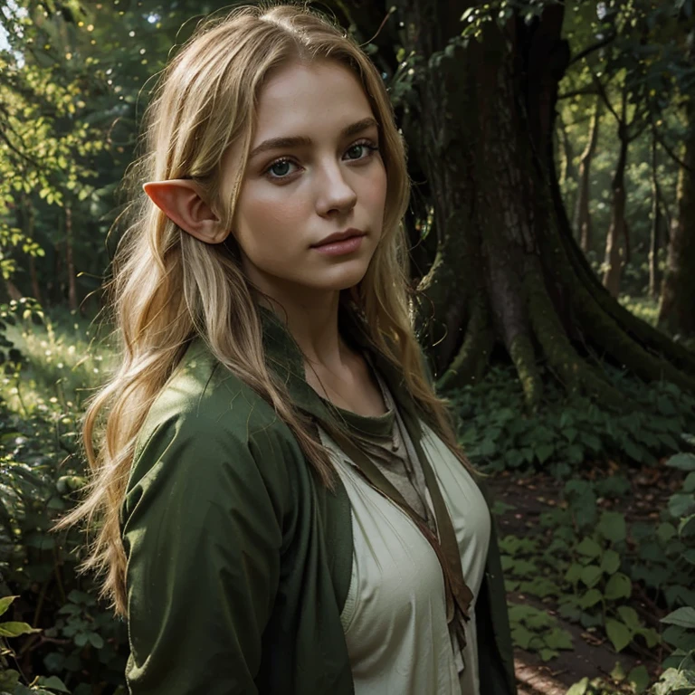 masterpiece,  best quality ,  a young and cute female elf , Blonde hair, torn green clothes , nature, green theme,  forest covered in vegetation, medieval, ( oil painting), almost