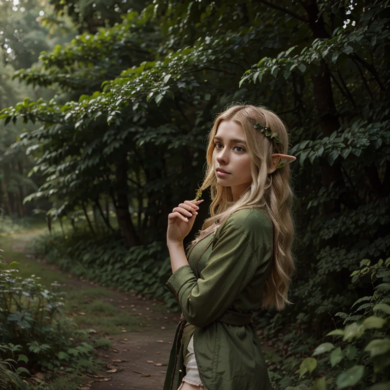 masterpiece,  best quality ,  a young and cute female elf , Blonde hair, torn green clothes , nature, green theme,  forest covered in vegetation, medieval, ( oil painting), almost