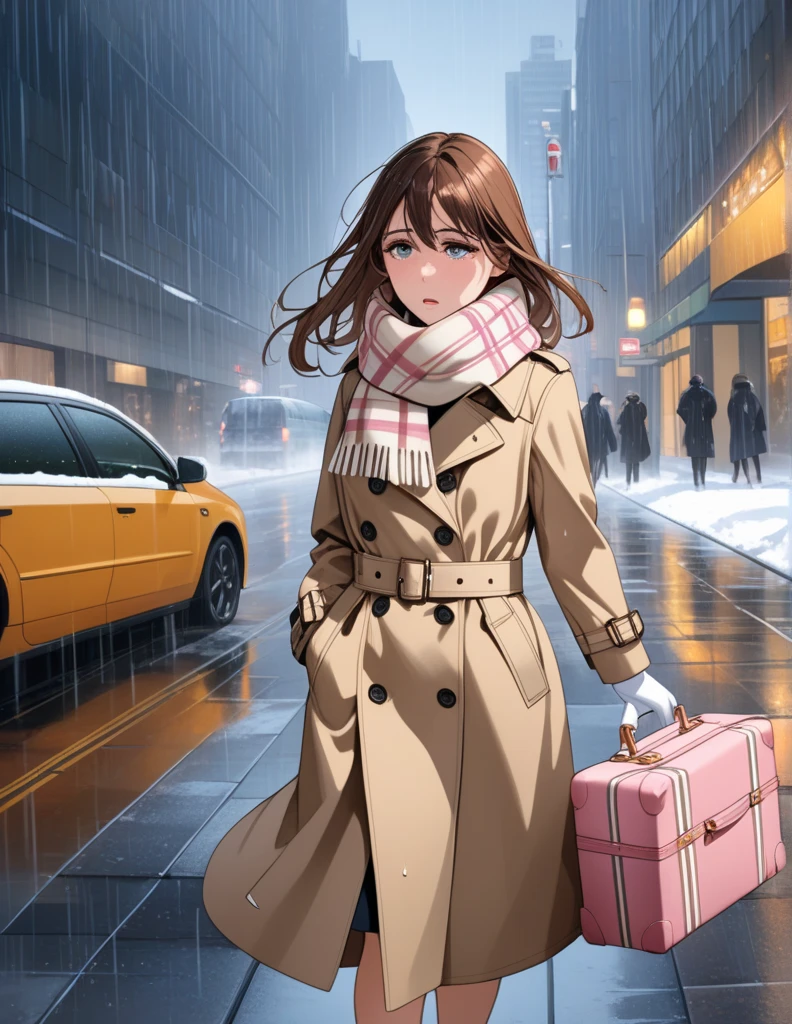 Masterpiece, hd, 1girl with long brown hair sad and crying and sobbing with tears in her eyes wearing a fully buttoned up closed and light beige belted buckle knee-length popped up collar trench coat with her mouth covered by a tucked up large burberry white plaid winter wool scarf and white gloves carrying her large pink luggage blown by the hard wind at the hard rainy and snowy night city street full body 8k)