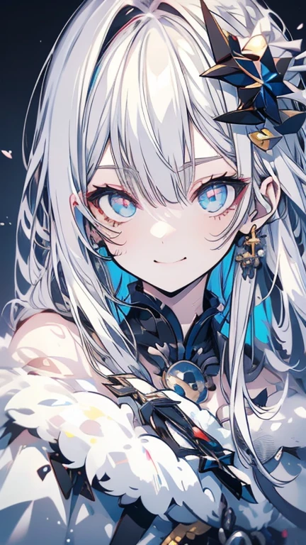 grey hair, white hair, ahoge, asymmetrical bangs, shiny hair, wet hair, mullet, crescent hair ornament, mole under eye, mismatched pupils, yellow eyes, longeyelashes, evil smile, fangs, doyagao, anime, anime style, Hyperrealism, god rays, character chart, omake, tachi-e, UHD, masterpiece, accurate, anatomically correct, high details, super detail, high quality, best quality, highres, 1080P, 16k