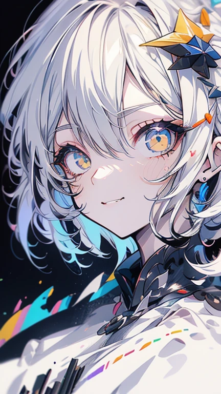 grey hair, white hair, ahoge, asymmetrical bangs, shiny hair, wet hair, mullet, crescent hair ornament, mole under eye, mismatched pupils, yellow eyes, longeyelashes, evil smile, fangs, doyagao, anime, anime style, Hyperrealism, god rays, character chart, omake, tachi-e, UHD, masterpiece, accurate, anatomically correct, high details, super detail, high quality, best quality, highres, 1080P, 16k