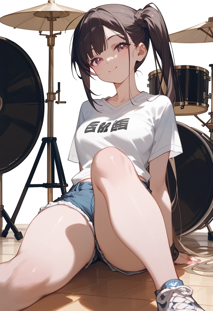 Ijichi Nijika、 Side Ponytail 、Short white t-shirt、 denim shorts、triangular idiot hair、 exercise sitting、 thighs are thick、Drum Performance 