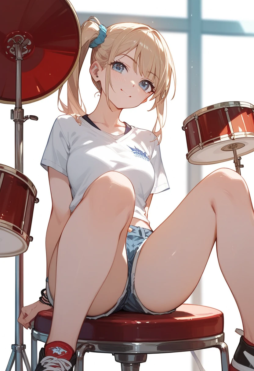 Ijichi Nijika、 Side Ponytail 、Short white t-shirt、 denim shorts、triangular idiot hair、 exercise sitting、 thighs are thick、Drum Performance 