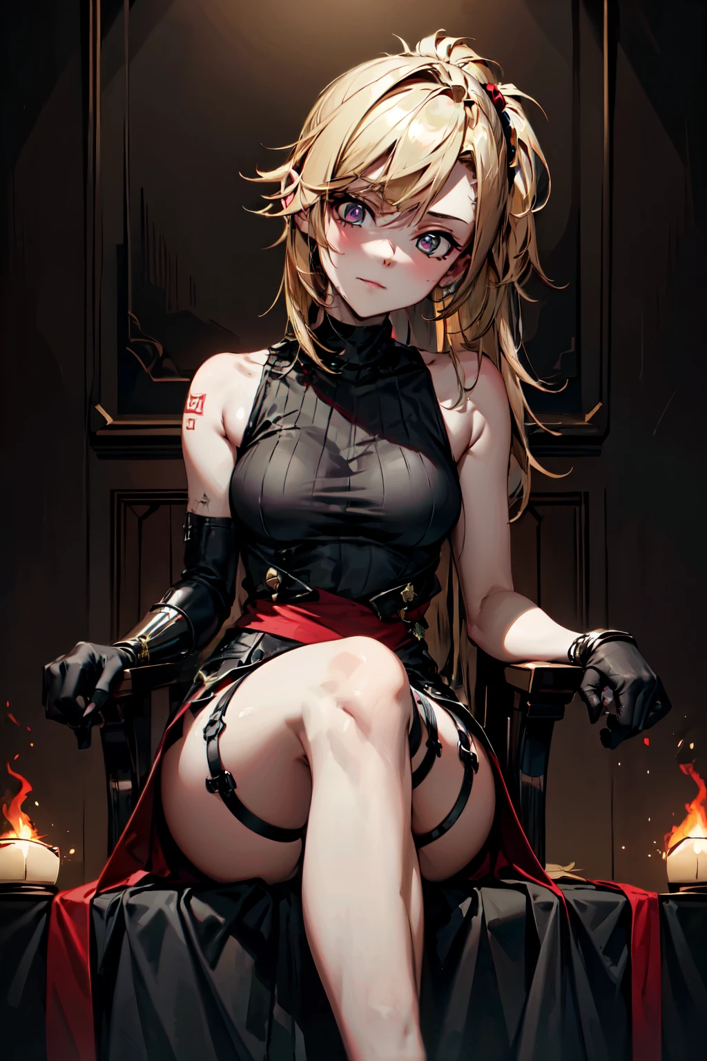 (masterpiece, best quality:1.2), red glowing eyes, red eyes, the eyes are red, perfect face, strong make up, highres, 1 girl, ultra long ponytail, (female:1.5), strife, blonde hair streaked with lots of red highlights, two colors hair (blond and red), hight flame mistress outfit, shoulder armor, sleeveless turtleneck, suspenders, belt, gloves, bracer pre potent smile, crossing legs, crossing arms , evil smile, evil pose, sitting, portrait, looking at viewer,  Her hair is streaked with lots red and blonde highlights, moon tribal tattoo.