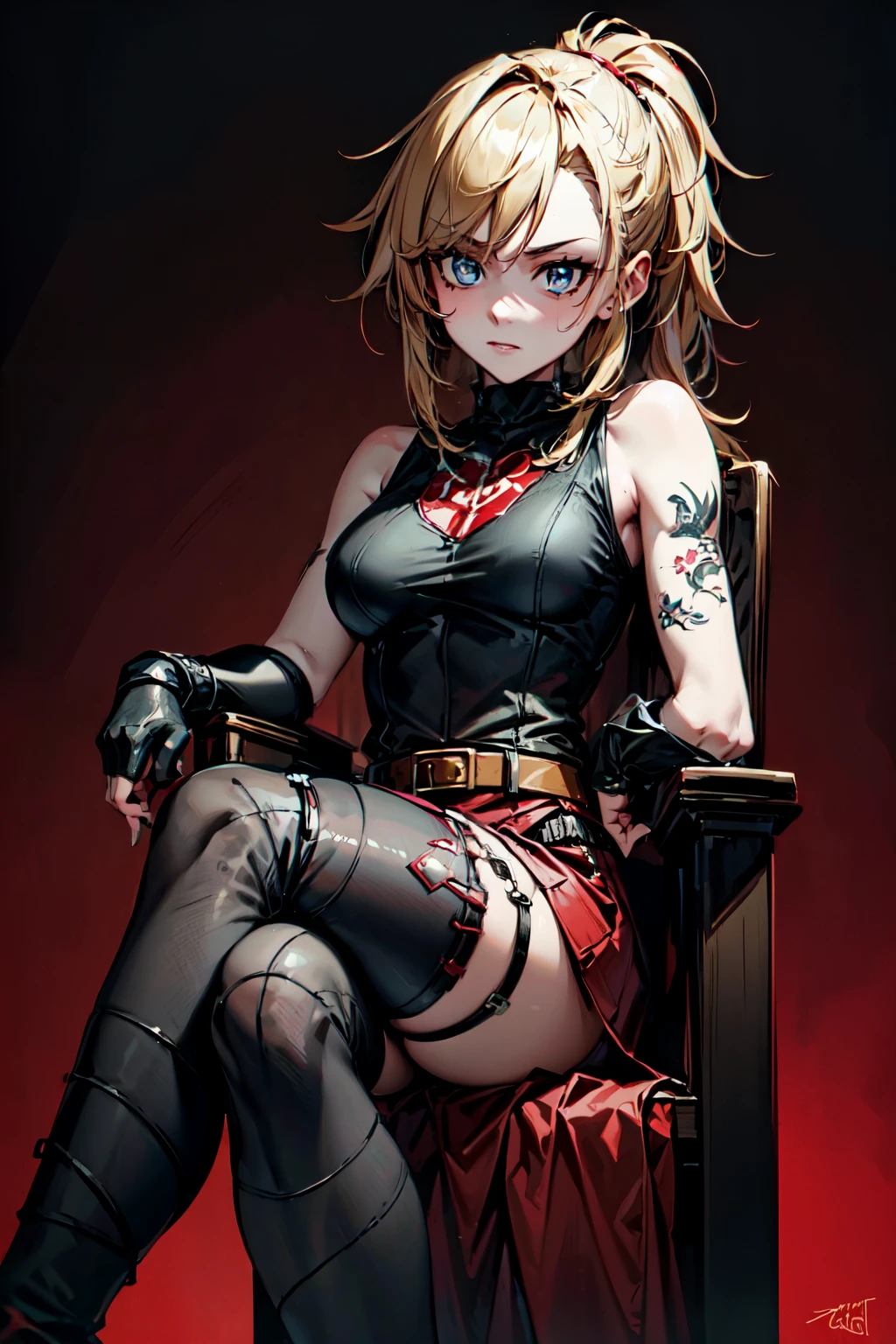 (masterpiece, best quality:1.2), red glowing eyes, red eyes, the eyes are red, perfect face, strong make up, highres, 1 girl, ultra long ponytail, (female:1.5), strife, blonde hair streaked with lots of red highlights, two colors hair (blond and red), hight flame mistress outfit, shoulder armor, sleeveless turtleneck, suspenders, belt, gloves, bracer pre potent smile, crossing legs, crossing arms , evil smile, evil pose, sitting, portrait, looking at viewer,  Her hair is streaked with lots red and blonde highlights, moon tribal tattoo.