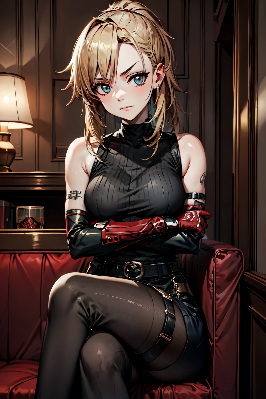 (masterpiece, best quality:1.2), red glowing eyes, red eyes, the eyes are red, perfect face, strong make up, highres, 1 girl, ultra long ponytail, (female:1.5), strife, blonde hair streaked with lots of red highlights, two colors hair (blond and red), hight flame mistress outfit, shoulder armor, sleeveless turtleneck, suspenders, belt, gloves, bracer pre potent smile, crossing legs, crossing arms , evil smile, evil pose, sitting, portrait, looking at viewer,  Her hair is streaked with lots red and blonde highlights, moon tribal tattoo.