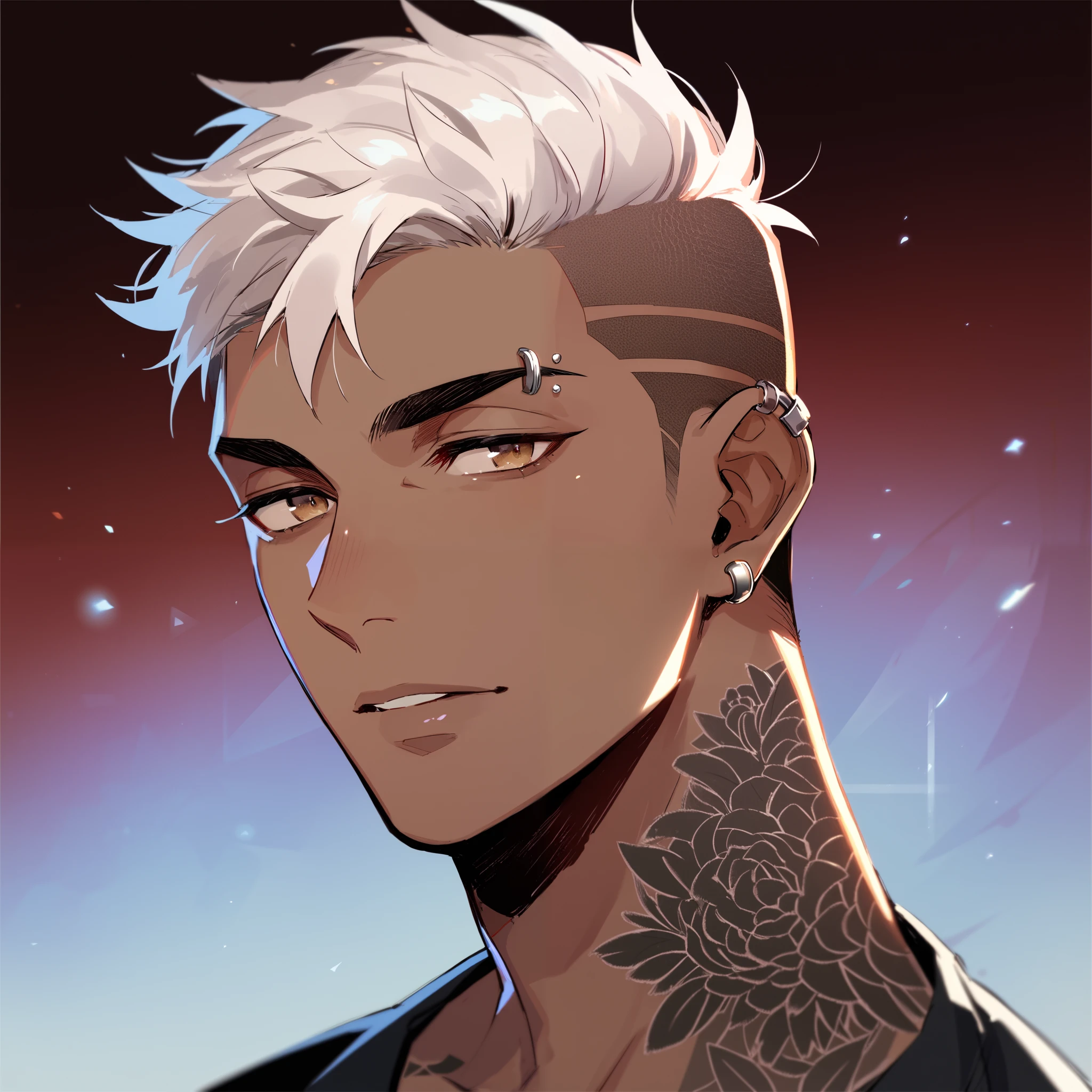 male, brown skin, tattooed, military cut white hair, brown eyes, piercings, mysterious background