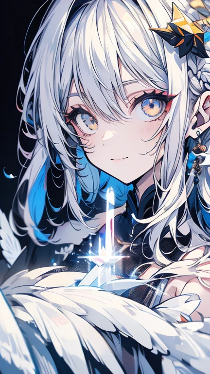 grey hair, white hair, ahoge, asymmetrical bangs, shiny hair, wet hair, mullet, crescent hair ornament, mole under eye, mismatched pupils, yellow eyes, longeyelashes, evil smile, fangs, doyagao, anime, anime style, Hyperrealism, god rays, character chart, omake, tachi-e, UHD, masterpiece, accurate, anatomically correct, high details, super detail, high quality, best quality, highres, 1080P, 16k