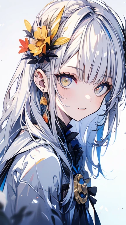 grey hair, white hair, ahoge, asymmetrical bangs, shiny hair, wet hair, mullet, crescent hair ornament, mole under eye, mismatched pupils, yellow eyes, longeyelashes, evil smile, fangs, doyagao, anime, anime style, Hyperrealism, god rays, character chart, omake, tachi-e, UHD, masterpiece, accurate, anatomically correct, high details, super detail, high quality, best quality, highres, 1080P, 16k