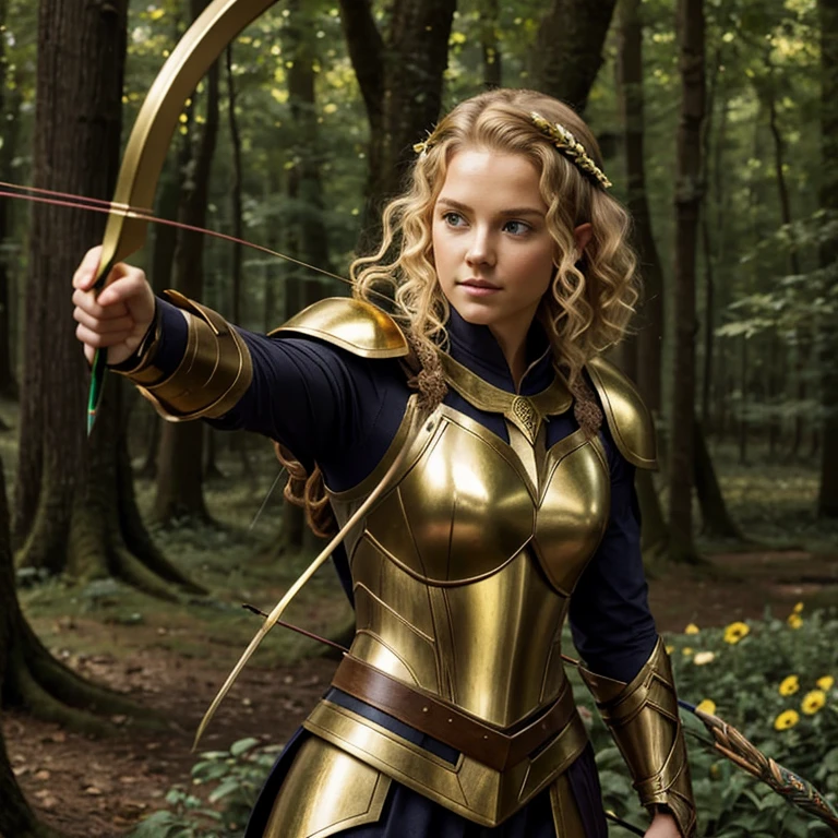 high quality young elf , beautiful face,  short curly blond hair ,  green eyes,  golden armor ,  holding a bow and arrow,  in the middle of a flower with giant trees.