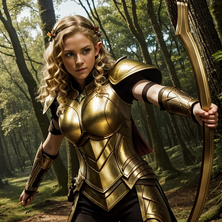 high quality young elf , beautiful face,  short curly blond hair ,  green eyes,  golden armor ,  holding a bow and arrow,  in the middle of a flower with giant trees.