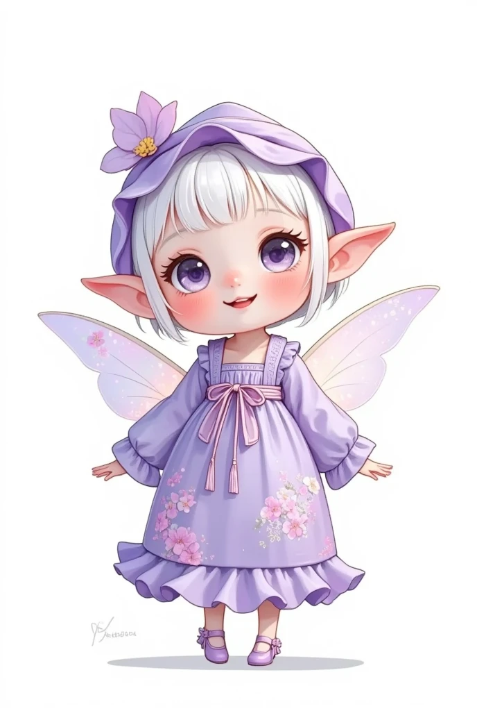 a super cute girl IP by pop mart, full body ,a Chibi style toy figure of an adorable trendy super cute girl elf，short white hair ,With fairy wings，wearing light purple ,witch robes， the figure is painted in white and purple gradient , minimalism，vivid facial expressions, eyes that resemble cartoon characters,Round head ,a cute Q version blind box style figure,with a detailed character design, cute pose,delicate luster, Studio soft lighting，Isolated on a white background, 3d render, oc render, best quality, 8k ,UHD