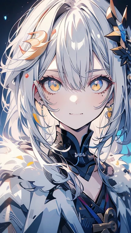 grey hair, white hair, ahoge, asymmetrical bangs, shiny hair, wet hair, mullet, crescent hair ornament, mole under eye, mismatched pupils, yellow eyes, longeyelashes, evil smile, fangs, doyagao, anime, anime style, Hyperrealism, god rays, character chart, omake, tachi-e, UHD, masterpiece, accurate, anatomically correct, high details, super detail, high quality, best quality, highres, 1080P, 16k