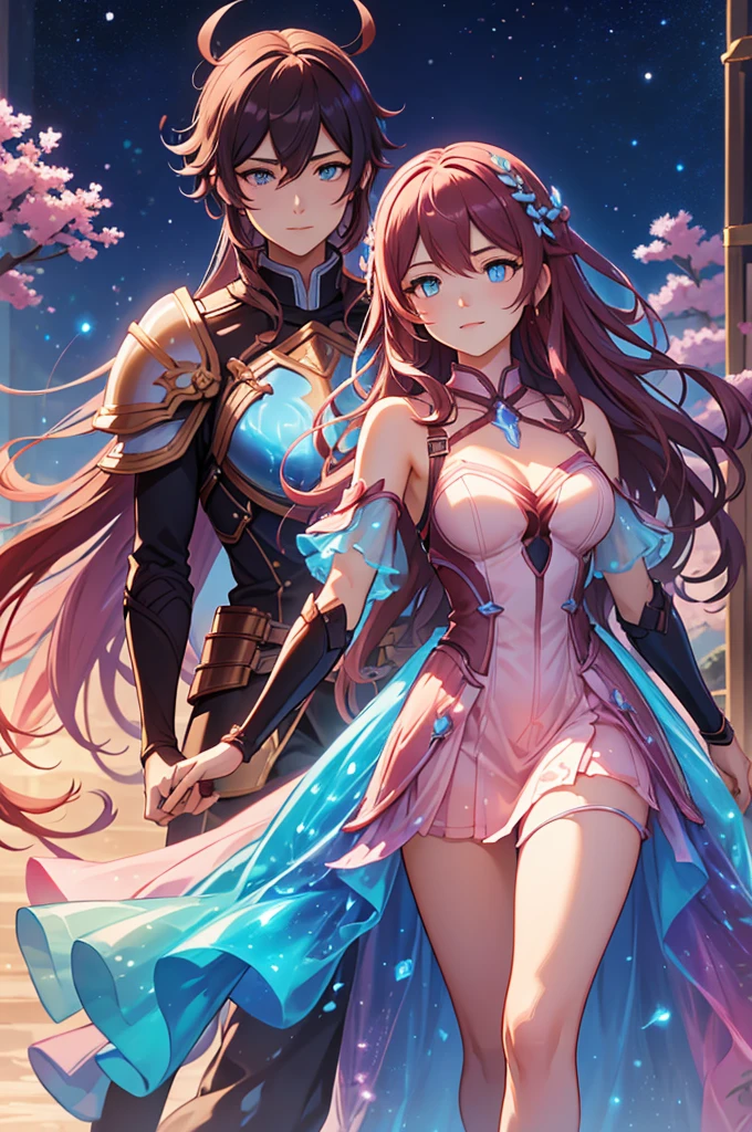 (high-quality, breathtaking),(expressive eyes, perfect face) Symmetrical Eyes, portrait, 1girl, pink and brown hair color, multicolored hair, glowing hair, bright blue eyes, breastplate, armor, gauntlets, wavy hair, smiling, goddess, Neopolitan RWBY, long hair length, half open eyes, mature woman, stars in background, blue embers, bioluminescent dress, horb