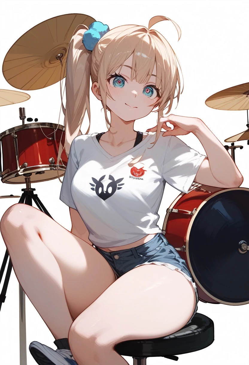 Ijichi Nijika、 Side Ponytail 、Short white t-shirt、 denim shorts、triangular idiot hair、 exercise sitting、 thighs are thick、Drum Performance 、Big round eyes 