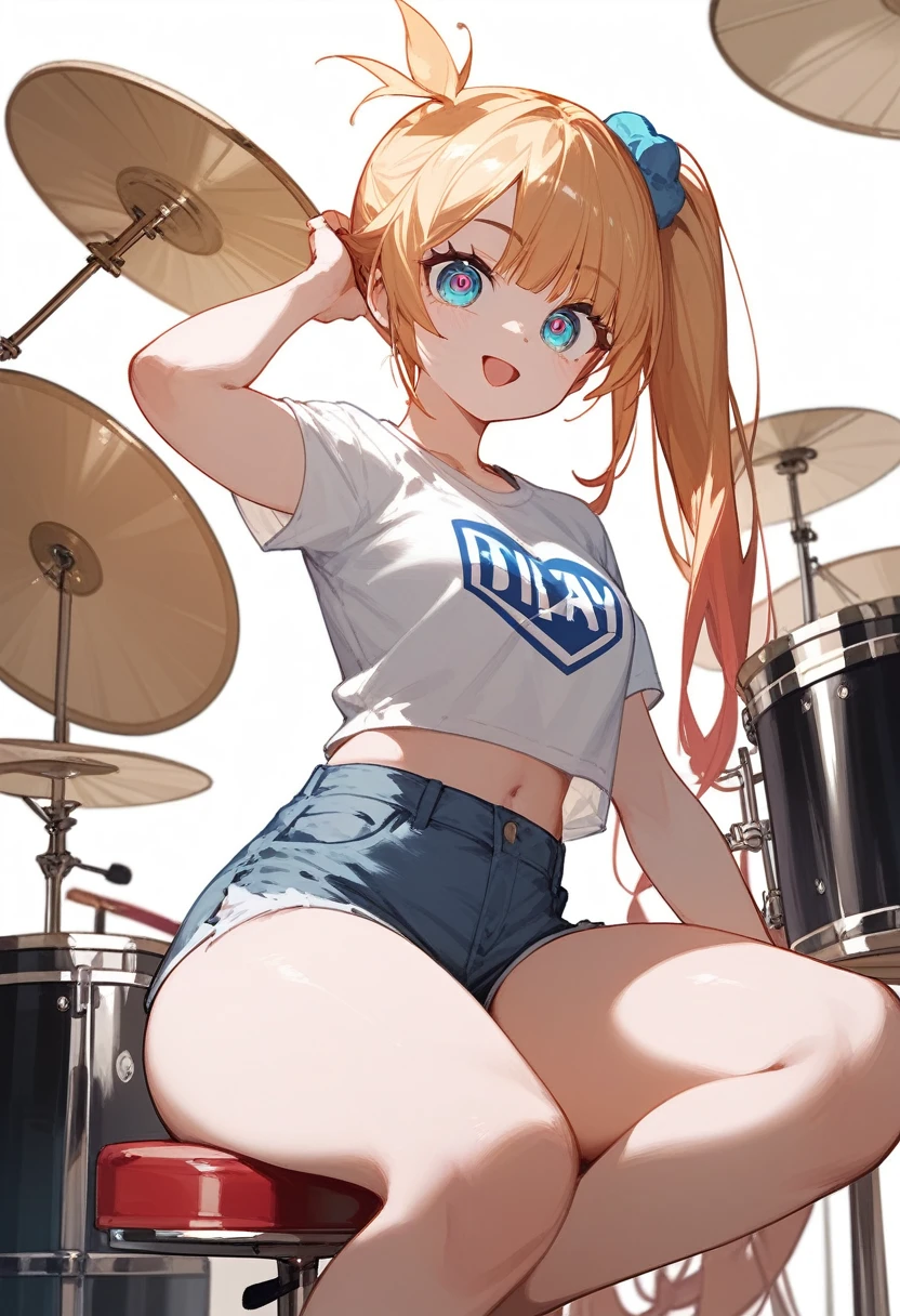 Ijichi Nijika、 Side Ponytail 、Short white t-shirt、 denim shorts、triangular idiot hair、 exercise sitting、 thighs are thick、Drum Performance 、Big round eyes 