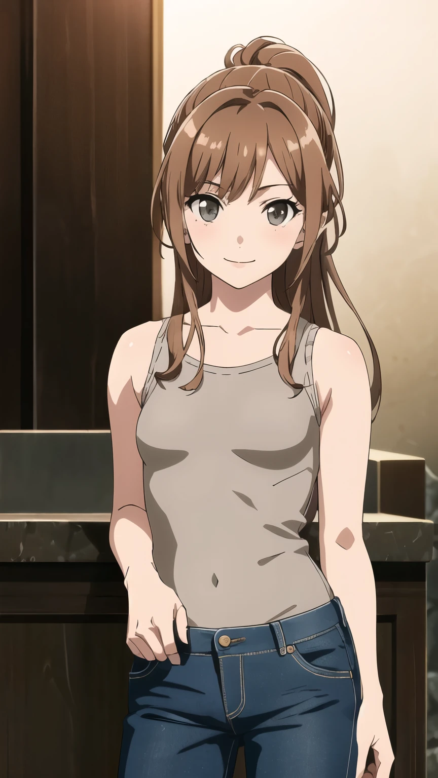 (masterpiece:1.2), (detailed skin:1.3), (intricate details), 1girl, dramatic, quality,realistic lighting, ponytail, small breasts,1girl,aalisa, long hair, blunt_bangs, brown hair, grey eyes, singlet, Levis, smile,looking at viewer, stand, solo