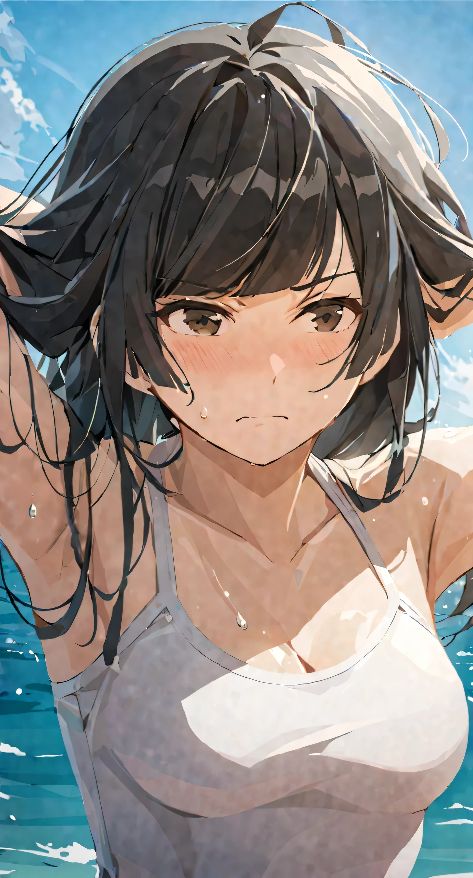 masterpiece,best quality, solo, eda, bangs, black hair, upper body,blue sky,cloud, shy expression, medium breast, hot, thicc, swimsuit , ocean, water, she is tying her hair, she is shy, embarrassed , she is embarrassed, dynamic pose, close shot, upper body, dynamic pose, trying hard, serious face, chest focus, 