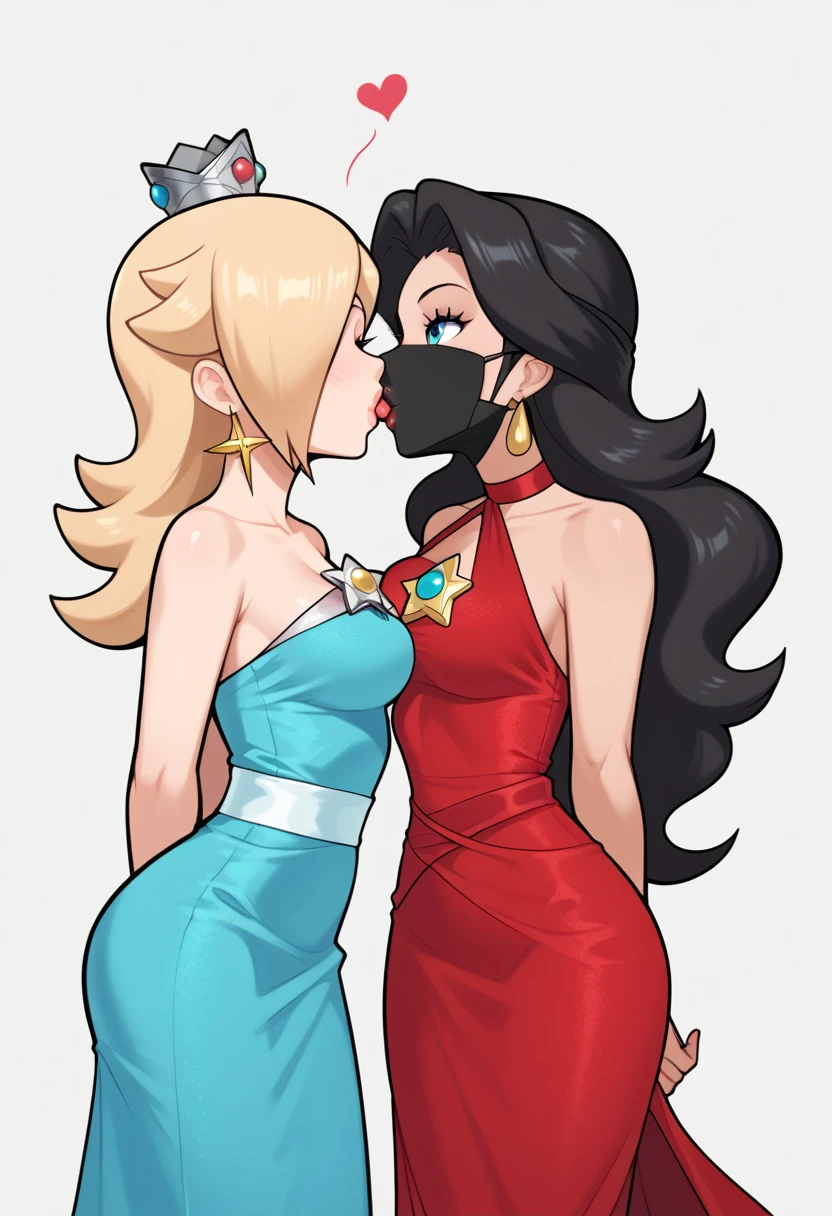 2girls, duo ,( (Rosalina from super mario lore,  wearing blue dress)) and ( (Pauline from super mario lore, Pauline wearing red dress, )).  kissing, Rosalina and Pauline kissing, kiss, mouth kiss, simple background. standing,  arms behind back, legs apart, tight mask, black mask, wrap masked.