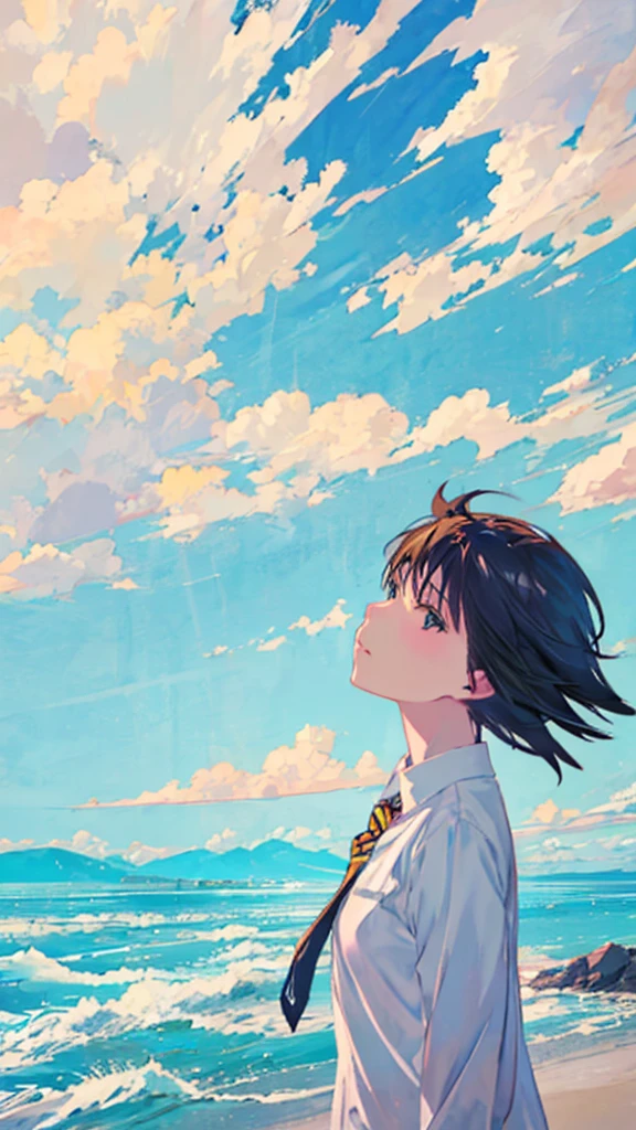 Anime girl with long hair and a tie looking at the sky, ( ( Makoto Shinkai ) ), SHORT HAIR IN PROFILE ,  anime art style, Makoto Shinkai!!, Makoto Shinkai art style, high quality  anime art style, Makoto Shinkai!, Makoto Shinkai style,  trending in artwork , mokoto shinkai