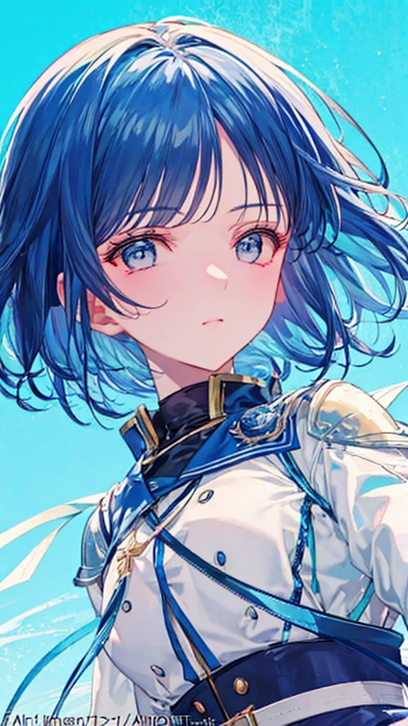 Blue haired blue eyed anime girl looking up , watermark:-1, Blue sky, by Ai-Mitsu, Artbook Artwork,  Anime Illustration , Azure.  detailed hair, SHORT HAIR IN PROFILE , digital  Anime Illustration , Anime PostersMovie StillsPortrait, Portrait of a knight girl of the twelve constellations , Anime Graphic Illustration, Blue aura,  anime girl portrait profile looking up at the sky