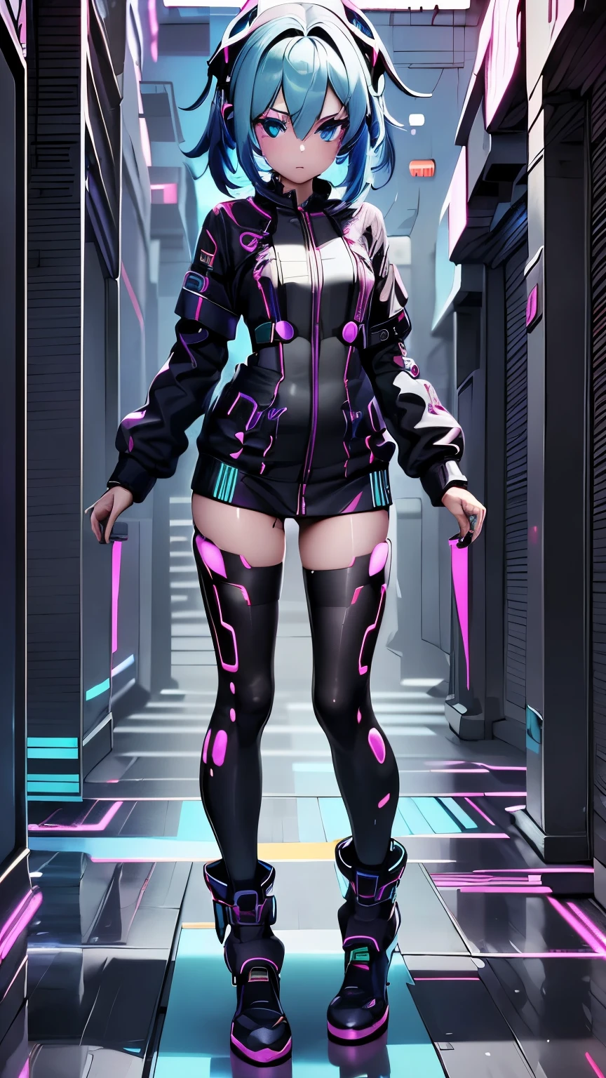 solo, 1girl, girl full body nude, (electric redyellow hair), (electric aqua eyes), ((Cyber punk outfit)), (symmetrical eyes), (Perfect face), (Perfect Anatomy), (looking at viewer), (cyber shot), ((Glitch Art background)), (glitch art:1.6) ((glitch effect)), (8k), (HD), (Cinematography)