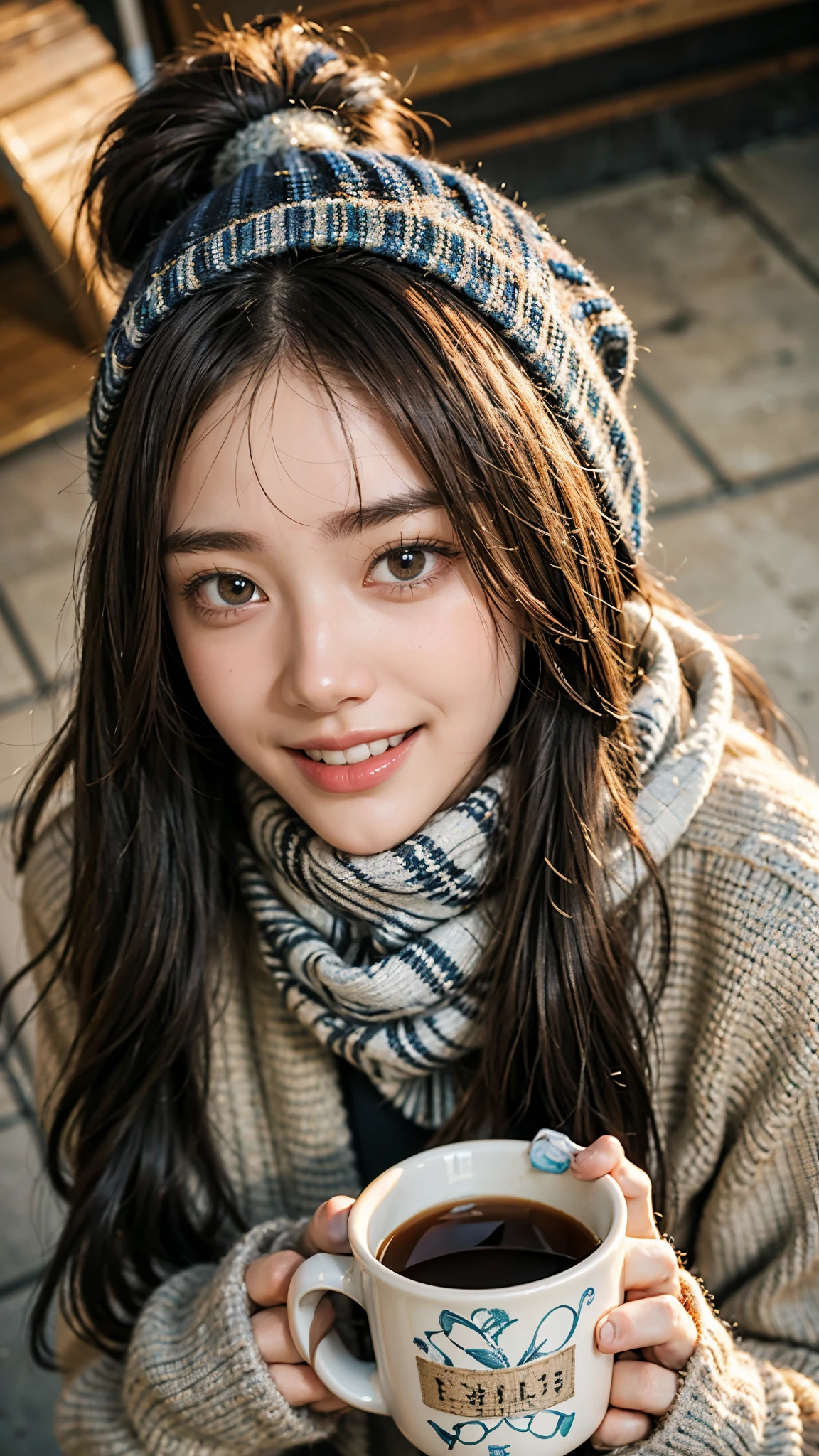 (close-up:1.4),
(RAW photo:1.2), (photorealistic:1.4),(masterpiece:1.3),(best quality:1.4), dreamlike, (detailed eyes),(detailed facial features), (detailed clothes features), skin tight, (shiny skin),(slender girl),(slim girl), 1girl, ((full body)),solo, cute,smlie,(medium breasts), bangs, straight hair, long hair, black hair, black eyes, crystal pendant, Long blue scarf,White long wool coat,Black thick pantyhose,Brown snow boots,