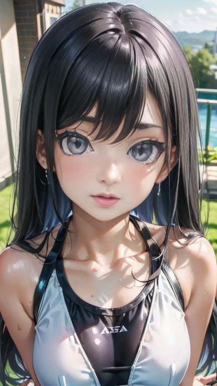  Japanese girl posing 、 1 cute anime girl,  best quality、ウルトラ -  high definition 、 high definition 、 CG in detail、 8K Unit Wallpaper、20 years old、 BEAUTIFUL AND DETAILED EYES 、((( white and light blue super shiny competitive swimsuit ,)))、( shiny body ,:1.5)、  please be shy、( ahehe:1.5)、(Stick out your tongue and spit)、 Obsessed with、Beautiful Pool、  sexy standing pose 、Safe work, 