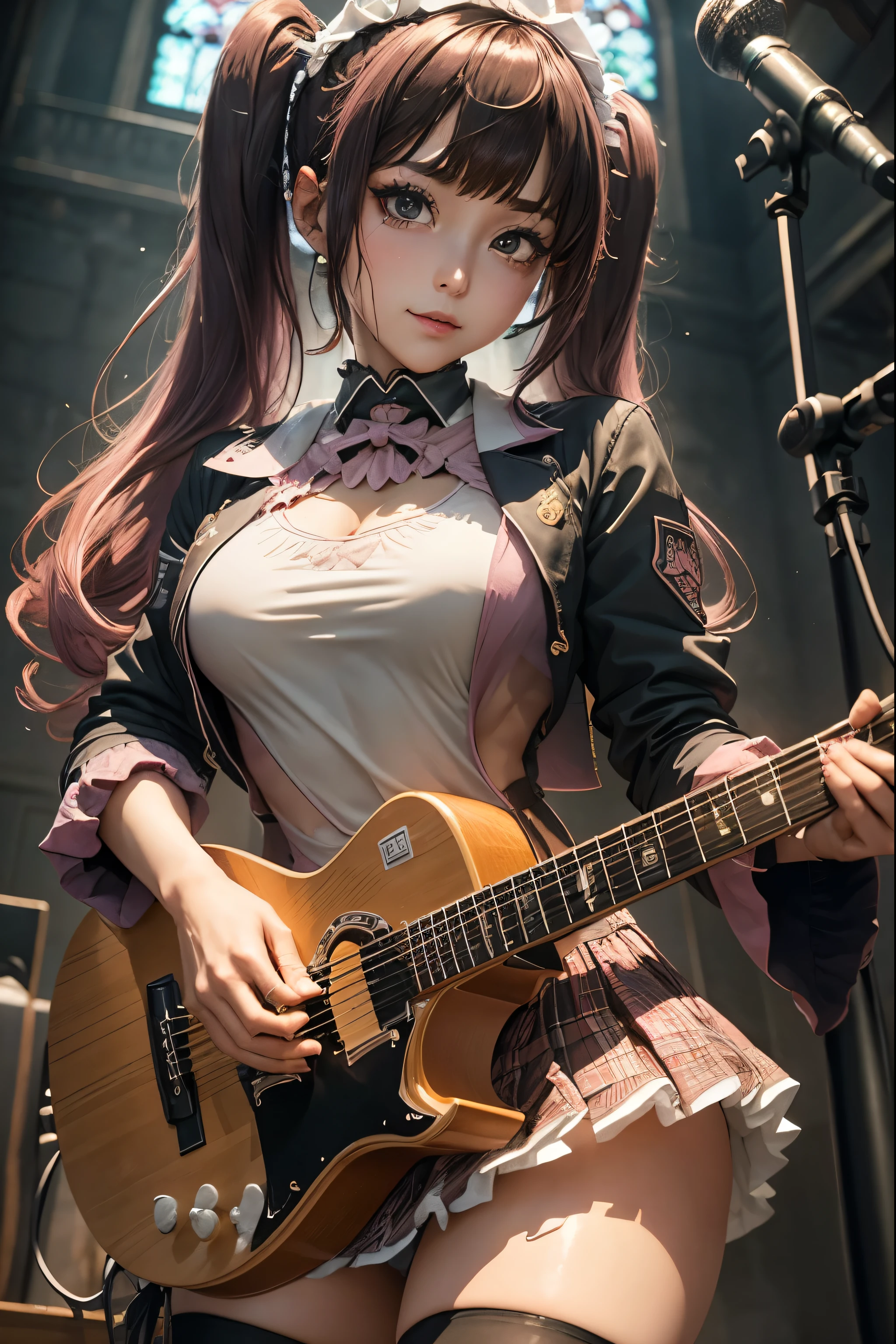 High school girl blazer、uniform、 Red Check Knee Length Skirt、 long skirt、JK Style、 jacket、smile、 knee-high socks、 thigh high socks 、 pantyhose、Superb beauty 、Super cute、ennui、 Rare Beauty 、 twin tail hair、 Dark Dark Eye Shadow 、 sad、Skin radiance、 Long Hair Straightener 、 Dark Gothic Makeup 、Dark Smile、 Fragrant Beauty 、 Stained Glass Background 、masterpiece、 best quality、See 5 books、Sweat glistening on my chest、Sweat glistening on the face、 smaller breasts、Dark pink hair、22 years old、Slightly slim、 Mysterious Expressions 、Sad look、 pink hair、 Mysterious Gothic Church 、 Fascinating Castle 、Excessive sweating all over the body、Lots of sweat and shine on the thighs、Shiny thighs、Thighs、 Thighs、 sweat a lot、gal、 smaller breasts、 Japanese face 、 Seductive Expression 、Thin thighs、Playing guitar、 holding an electric guitar 、Sing passionately、A lot of sweat shines on the band Playing Guitar 、 Playing Guitar Chords 、 Live House Background 、 songs、 open your mouth、 Live House Scenery 、 microphone stand、 gorgeous live stage 、 Dynamic Angles 、