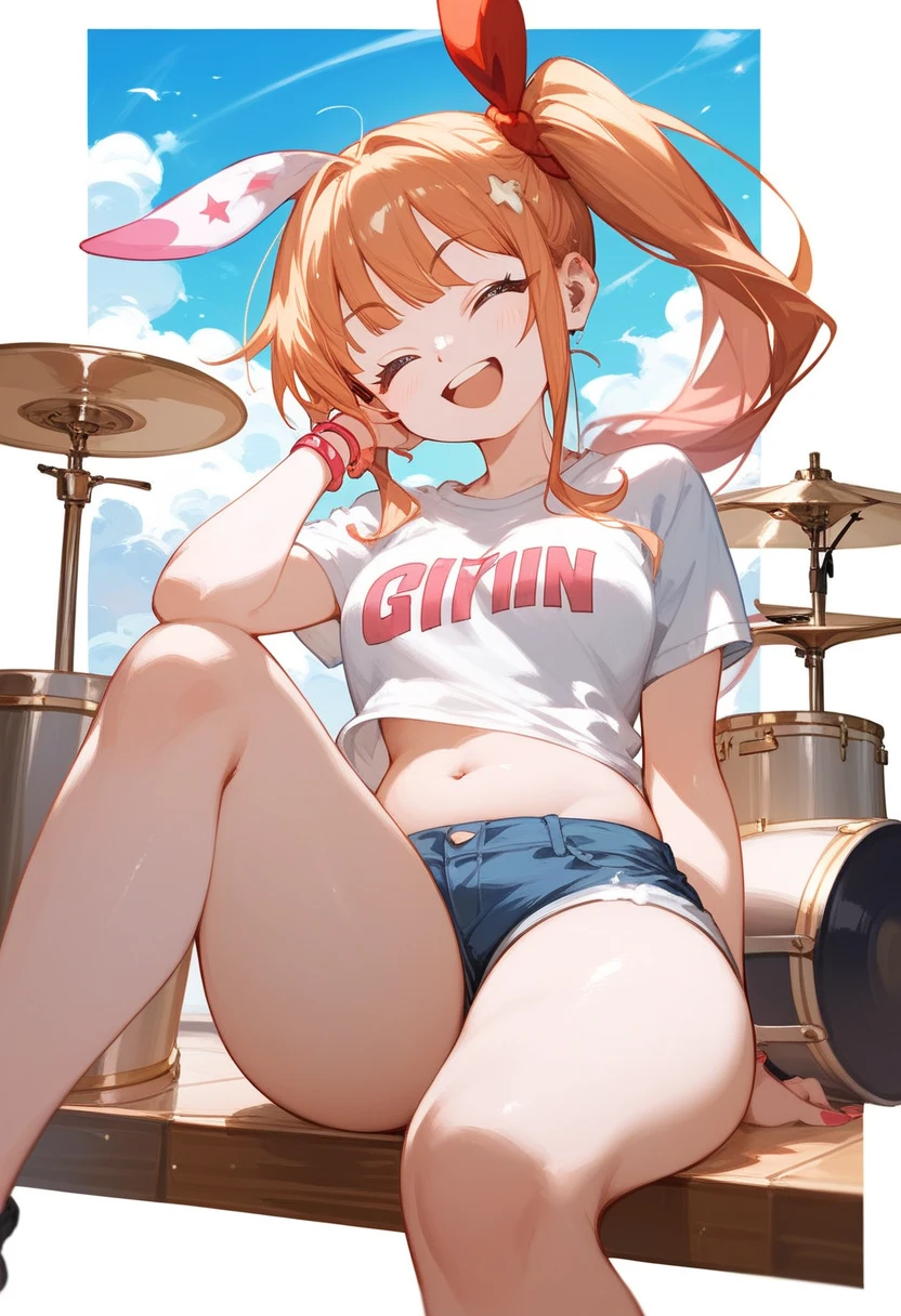 Ijichi Nijika、 Side Ponytail 、Short white t-shirt、belly button、 denim shorts、triangular idiot hair、 exercise sitting、 thighs are thick、Drum Performance 、 big eyes、Wink