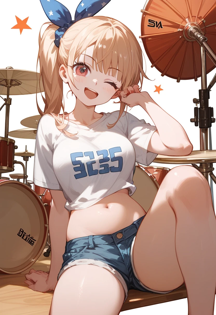 Ijichi Nijika、 Side Ponytail 、Short white t-shirt、belly button、 denim shorts、triangular idiot hair、 exercise sitting、 thighs are thick、Drum Performance 、 big eyes、Wink