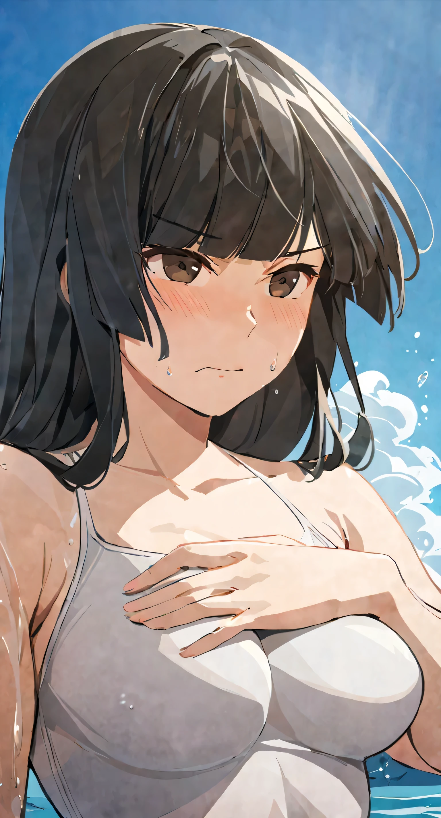 masterpiece,best quality, solo, eda, bangs, black hair, upper body,blue sky,cloud, shy expression, medium breast, hot, thicc, swimsuit , ocean, water, hands on chest, she is shy, embarrassed , she is embarrassed, dynamic pose, close shot, upper body, dynamic pose, trying hard, serious face, chest focus, 