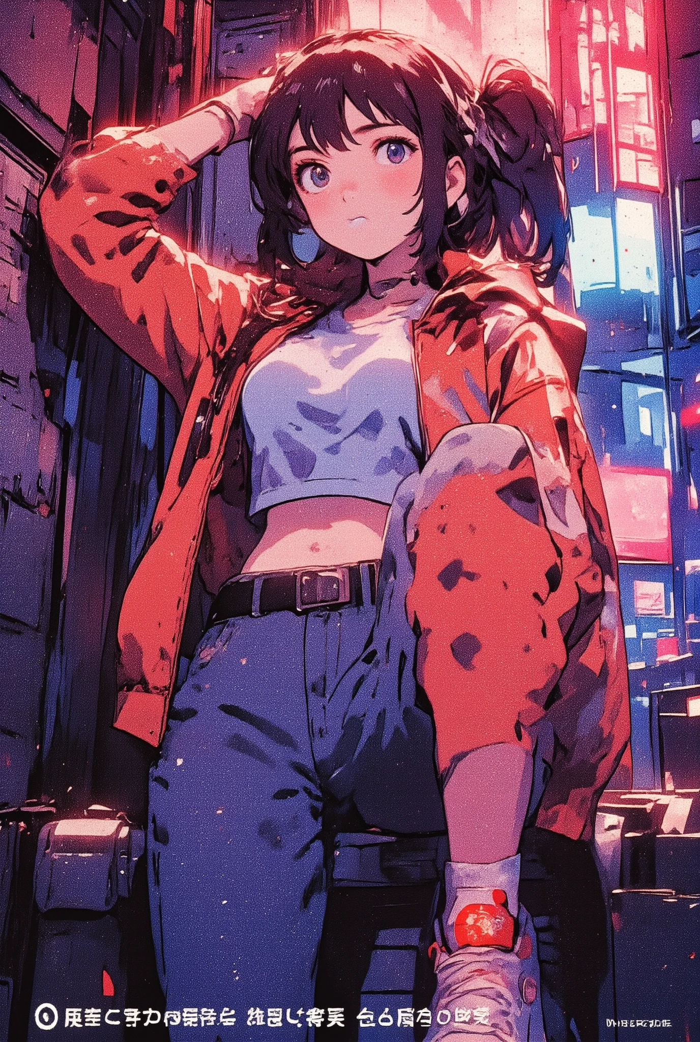  anime style,  a woman with a bubble of gum in her mouth leaning against a brick wall, A photograph of Drew Tucker ,  trend in pixels , Painted, cute streetwear casual clothing ,  crop top, with a crop top, She is wearing a crop top, woman in street clothes , pretty woman, jeans and t-shirt, 9 0 s vibe, wearing a crop top, He wears street clothes , chiaroscuro, cinematic lighting, Fujicolor, UHD, Retina,  masterpiece, Accurate, Super detail, high details,  high quality ,  award winning , best quality, highres, 1080P, HD, 16K