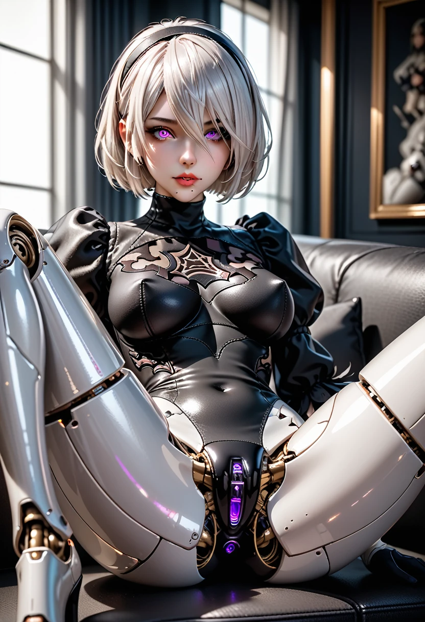 score_9, score_8_up, score_7_up, score_6_up, score_5_up, score_4_up, ((Female Robot, , NieR:Automata)), (all metal mechanical parts , The face is yorha no.2 Type B, Completely naked, Black Body), (metallic skin, Metallic Hair, Machine Eyes, Intellectual beauty, AI model robot, Streamlined, a black body that shines purple :1.3), ( that skillfully combines the characteristics of a beauty and a robot), 32K, RAW Photos, So ridiculous, Very detailed, (Intelligent beauty AI model robot, Streamlined, Iridescent black body:1.3), Sit on the sofa, Background: Large and gorgeous private room, Dark fantasy, AI-generated, (ringed eyes, Lavender eyes), (spreading legs :1.7), (2.5d),